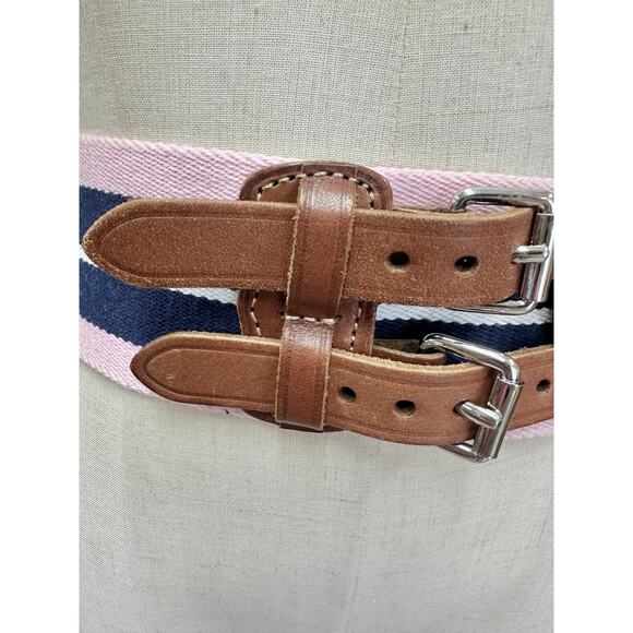 Polo Ralph Lauren Pink Navy Striped Webbed Canvas Double Buckle Belt Size Small - Picture 5 of 16